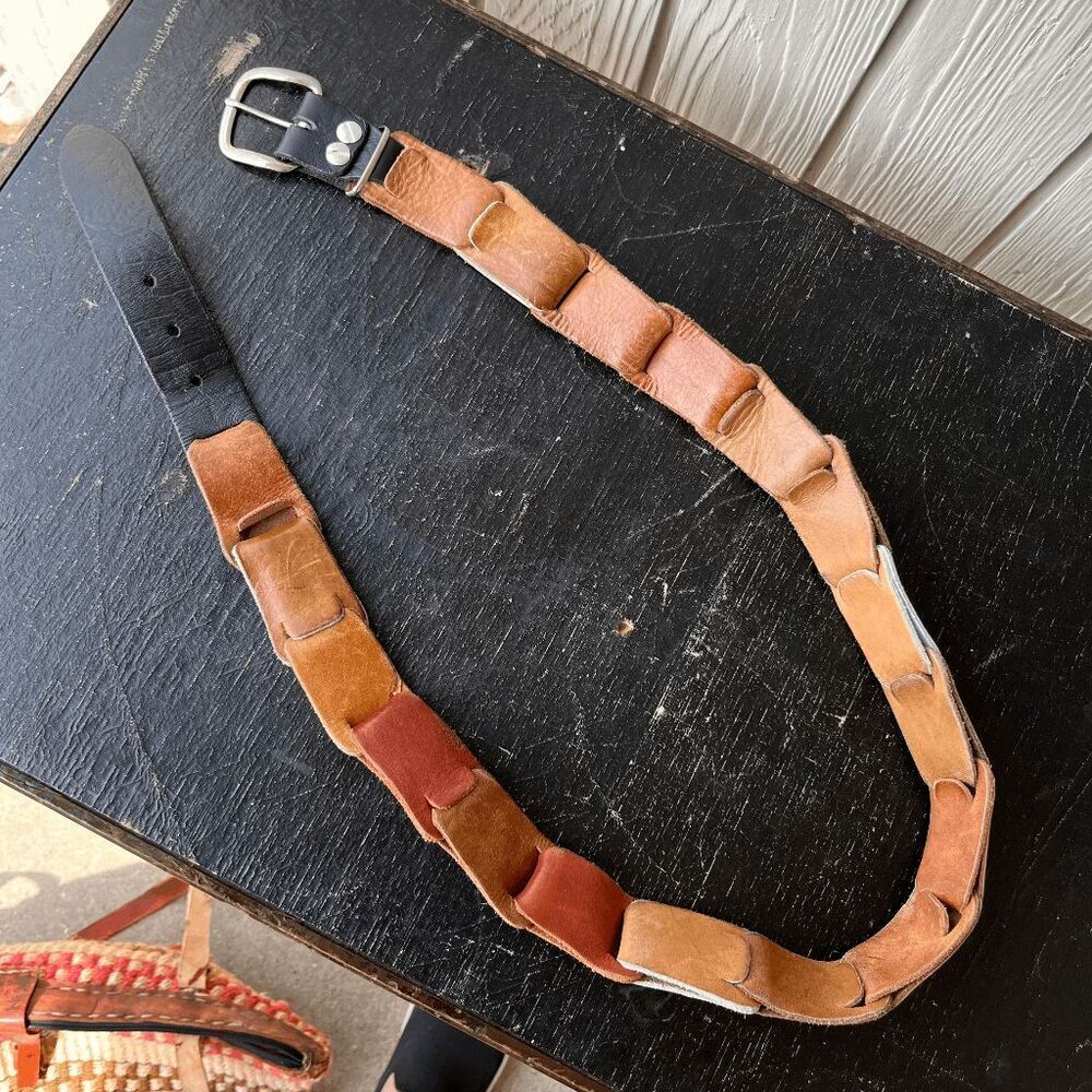 Vintage 70s Multitone Leather Loop Belt Rustic Artisan Patchwork Unisex